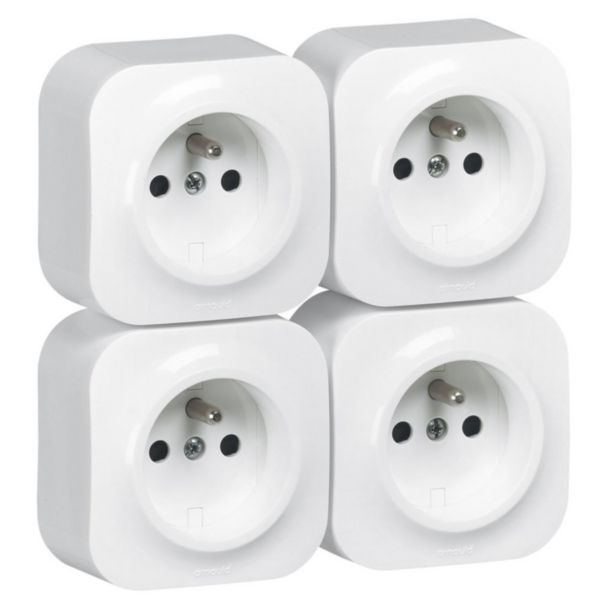 Lot de 4 prises de courant saillie avec terre Profil Eco complet - Blanc