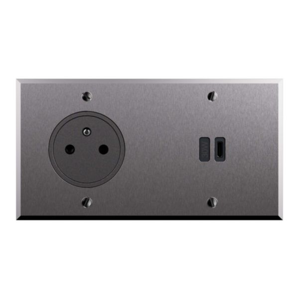 Prise 2 P+T + prise USB typeC 30W Power Delivery 2 postes Mémoire Acier Brossé - Art d'Arnould