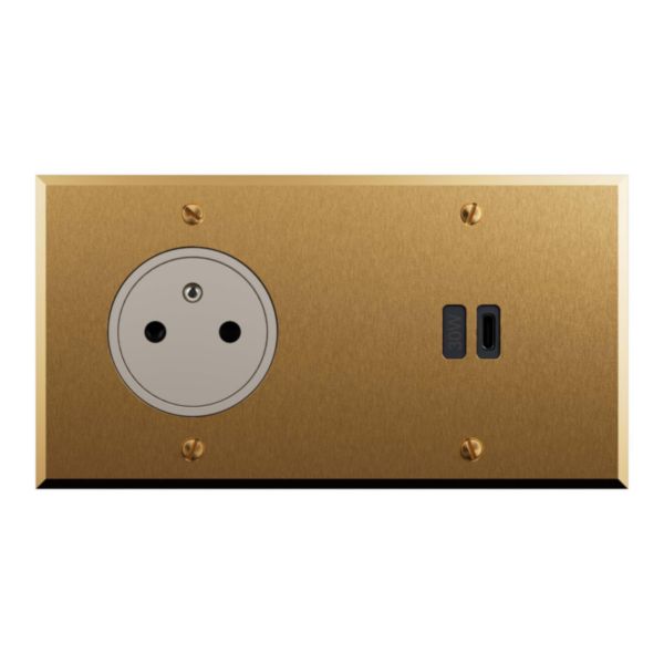 Prise 2 P+T + prise USB type C 30W Power Delivery 2 postes - Mémoire Or Brossé - Art d'Arnould