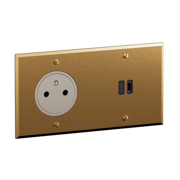 Prise 2 P+T + prise USB type C 30W Power Delivery 2 postes - Mémoire Or Brossé - Art d'Arnould