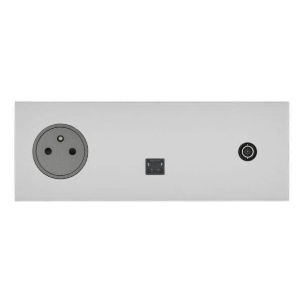 Prise de courant 2P+T, Prise RJ45 catégorie 6 FTP et Prise télévision Epure finition Acier Satin Art d'Arnould 