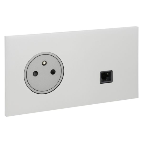 Prise de courant 2P+T et Prise RJ45 catégorie 6 FTP Epure finition Acier Satin Art d'Arnould 