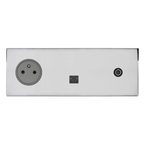 Prise de courant 2P+T, Prise RJ45 catégorie 6 FTP et Prise télévision Epure finition Acier Miroir Art d'Arnould 