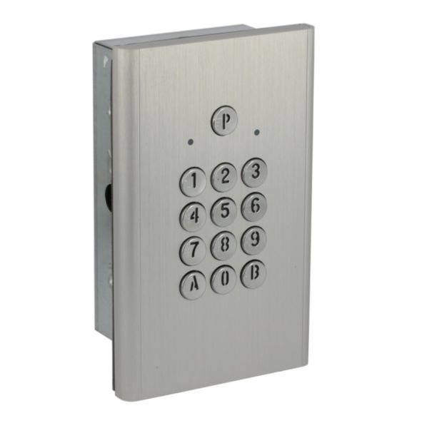 Clavier codé compact 2 relais finition argent IP54 pour pose en encastré, dimensions 192x120x14mm