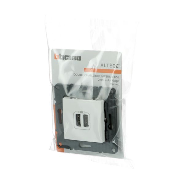 Prise double USB 3A 15W Altège finition Neige (blanc), à équiper d'une plaque de finition