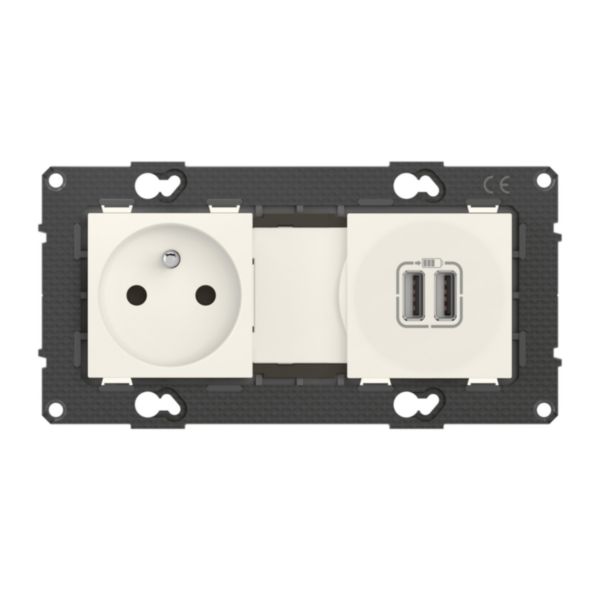 Prise de courant 16A avec prise double USB 3A précâblées précâblées Altège avec connexion à bornes automatiques - finition Neige