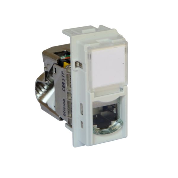 Prise RJ45 blindée catégorie 6A STP Living Now pour applications Grade 3 TV avec enjoliveur blanc - 1 module