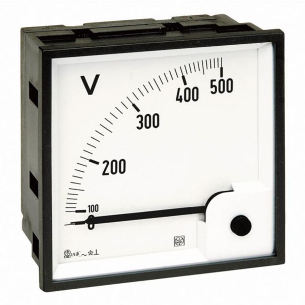 Voltmètre analogique type DIN RQ72E 0-500V sur TP 400V/100V avec cadran déviation 90°