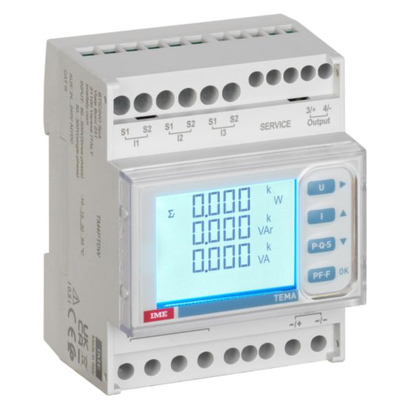 Transducteur multifonctions type TEMA TM4P - 4 modules - Réseau mono et triphasé 3/4 fils - Entrée 80-500V TC/5A - Alim.Aux. 20 150VDC