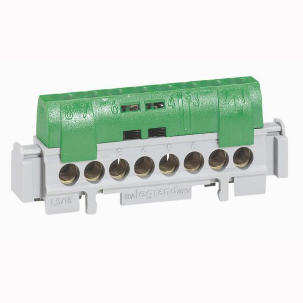 Bornier de répartition isolé IP2X terre - 1 connexion 6mm² à 25mm² - vert - longueur 141mm