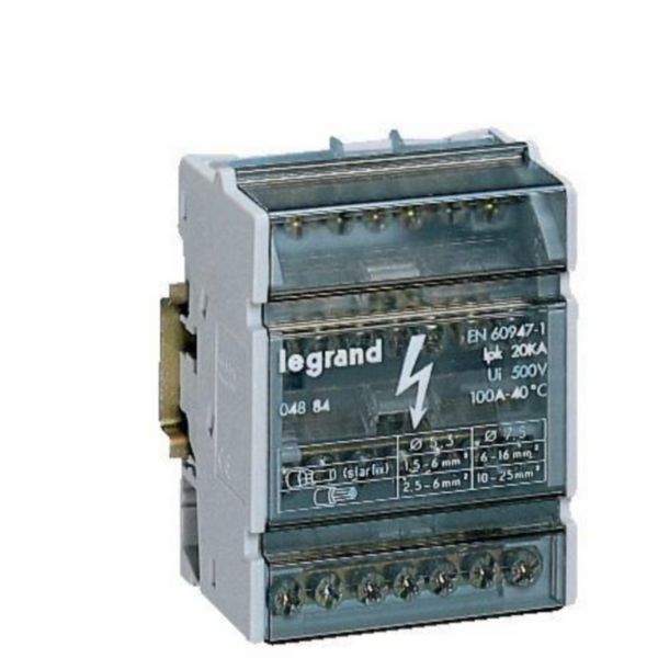 Répartiteur monobloc 4P à bornes 125A -11 connexions par barreau - 6 modules DIN