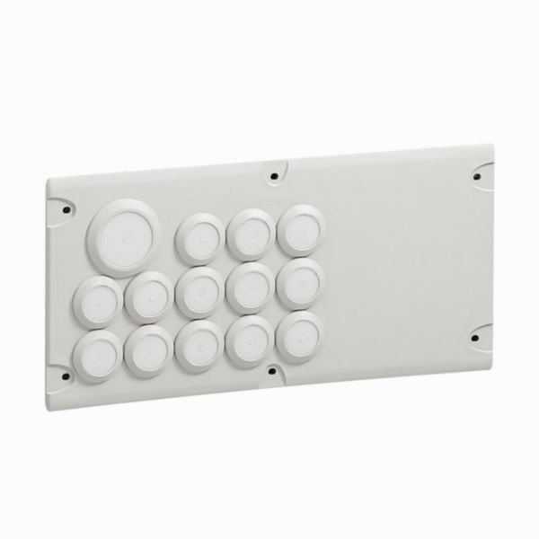 Plaque Cabstop IP55 avec 28 entrées Ø5mm à Ø14mm et 2 sorties Ø14mm à Ø24mm avec 1 réserve