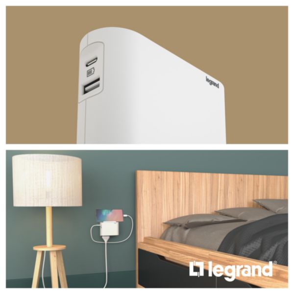 Fiche biplite extra-plate avec 2 prises latérales 2P 6A ,1 prise USB Type-A et Type-C et support smartphone - blanc et gris foncé