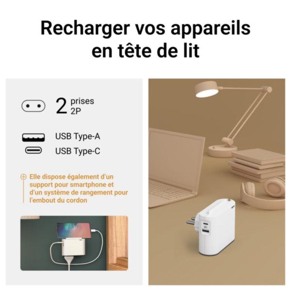 Fiche biplite extra-plate avec 2 prises latérales 2P 6A ,1 prise USB Type-A et Type-C et support smartphone - blanc et gris foncé