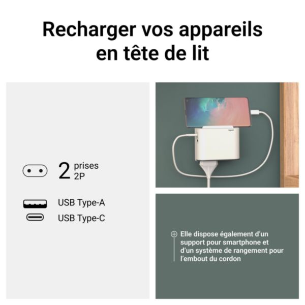 Fiche biplite extra-plate avec 2 prises latérales 2P 6A ,1 prise USB Type-A et Type-C et support smartphone - blanc et gris foncé
