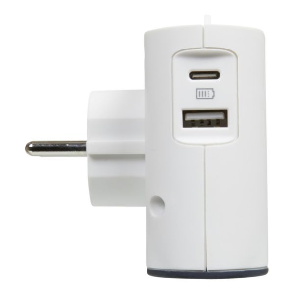 Fiche biplite extra-plate avec 2 prises latérales sans terre 6A, prise USB Type-A et Type-C et support smartphone - blanc et gris foncé