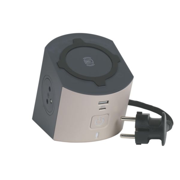 Multiprise station de charge 2 prises Surface , chargeur sans fils à  induction , prise USB Type-A+ Type-C et cordon - taupe/gris foncé -  particulier