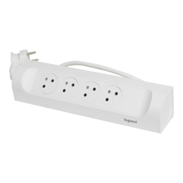Rallonge multiprise à installer dans angle avec 4 prises Surface avec terre et cordon longueur 1m - blanc