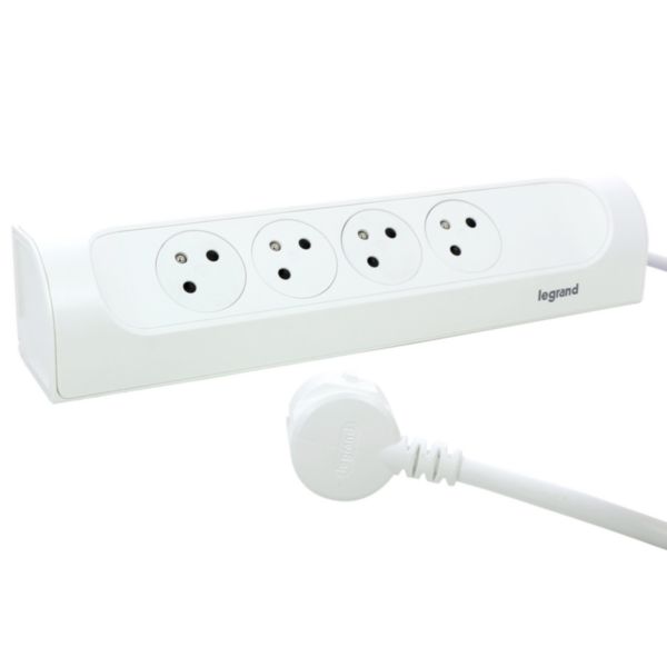 Rallonge multiprise à installer dans angle avec 4 prises Surface avec terre et cordon longueur 1m - blanc