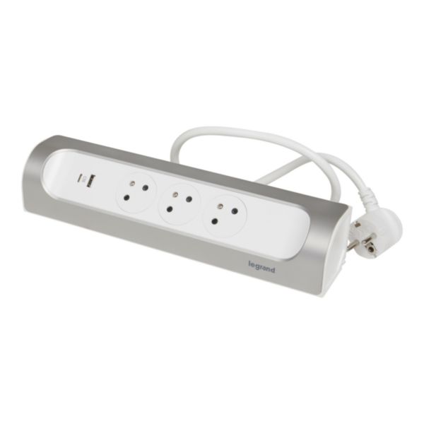 Multiprise d'angle équipée de 3 prises 2P+T Surface 16A 230V , prise USB Type-A + Type-C 3A 15W et cordon longueur 1m - blanc et alu