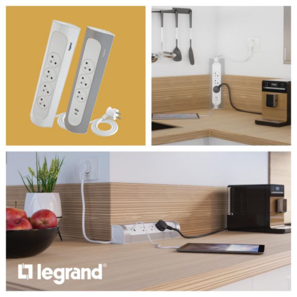 Rallonge multiprise à installer dans angle avec 4 prises Surface avec terre et cordon longueur 1m - blanc