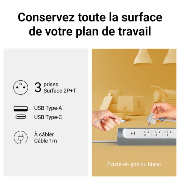 Multiprise à installer dans angle avec 3 prises Surface avec terre et prise USB Type-A+ Type-C , sans cordon , à câbler - blanc et alu