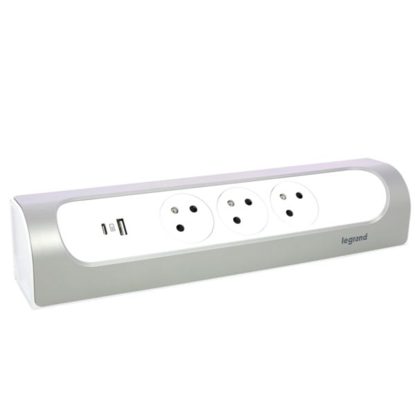 Multiprise d'angle équipée de 3 prises 2P+T Surface 16A 230V , prise USB Type-A + Type-C 3A 15W à câbler - blanc et alu