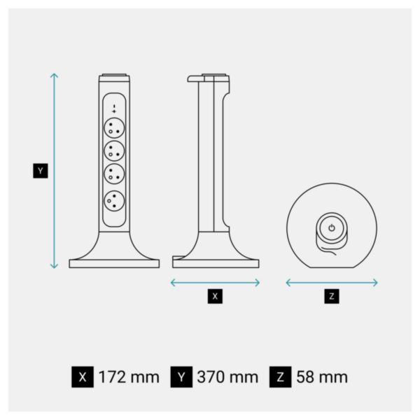 Multiprise verticale version tour équipée de 4 prises 2P+T Surface , interrupteur , parafoudre et cordon 2m - blanc et gris foncé