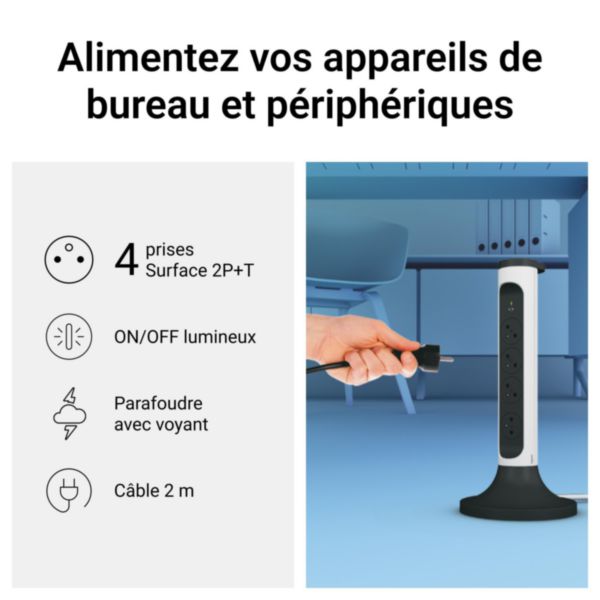 Multiprise verticale version tour équipée de 4 prises 2P+T Surface , interrupteur , parafoudre et cordon 2m - blanc et gris foncé