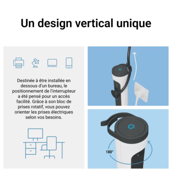 Multiprise verticale version tour équipée de 4 prises 2P+T Surface , interrupteur , parafoudre et cordon 2m - blanc et gris foncé