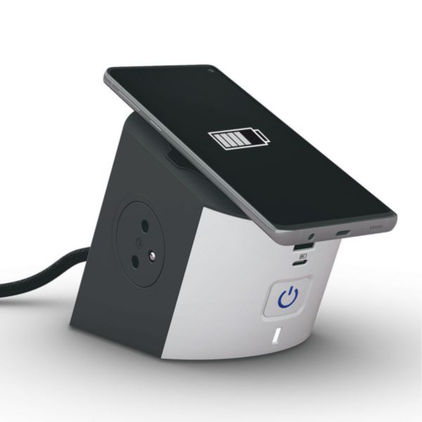 Multiprise station de charge 2x2P+T Surface , 1 chargeur sans fils induction , prise USB Type-A et Type-C et cordon - blanc/gris foncé