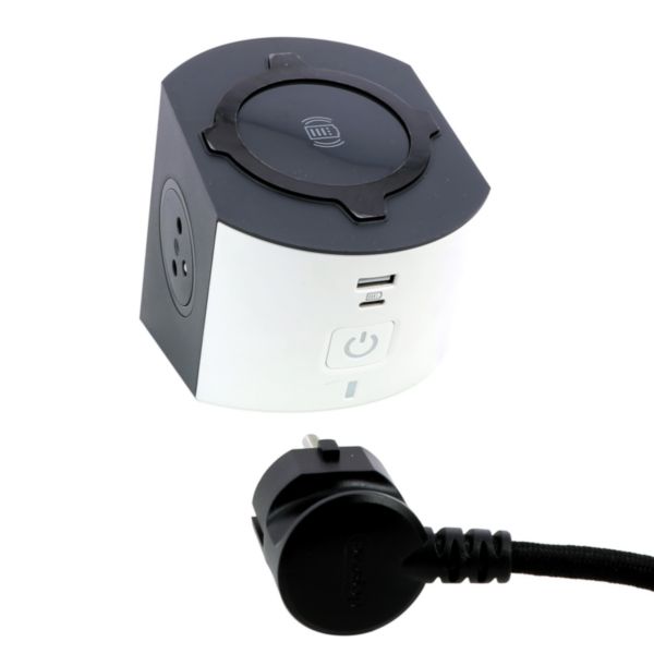 Multiprise station de charge 2 prises Surface , chargeur sans fils à induction , prise USB Type-A+ Type-C et cordon - blanc/gris foncé