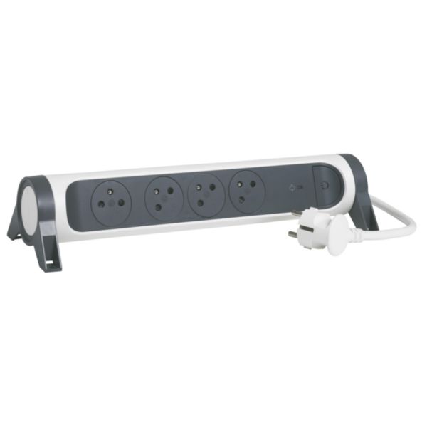 Rallonge multiprise avec bloc rotatif de 4 prises 2P+T Surface , interrupteur , parafoudre et cordon longueur 1,5m - blanc / gris foncé