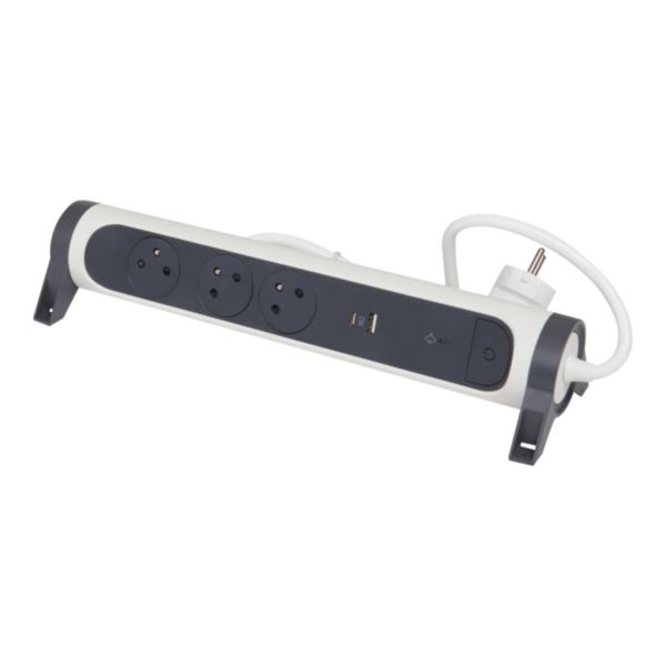 Rallonge multiprise rotative avec 3 prises Surface , interrupteur , parafoudre , USB Type-A+ Type-C et cordon 1,5m - blanc / gris foncé