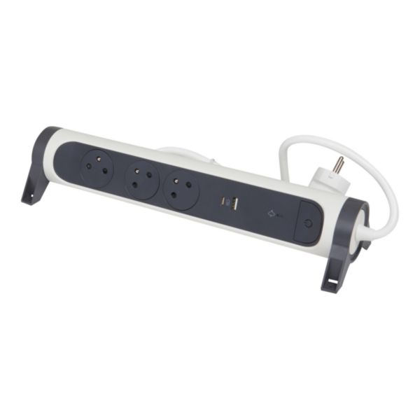 Rallonge multiprise avec bloc rotatif de 3 prises 2P+T Surface , interrupteur , parafoudre , USB Type-A + Type-C - blanc et gris foncé