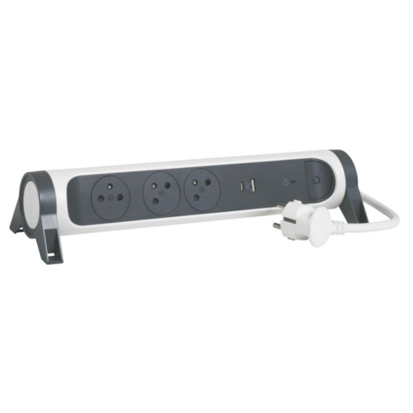 Rallonge multiprise rotative avec 3 prises Surface , interrupteur , parafoudre , USB Type-A+ Type-C et cordon 1,5m - blanc / gris foncé