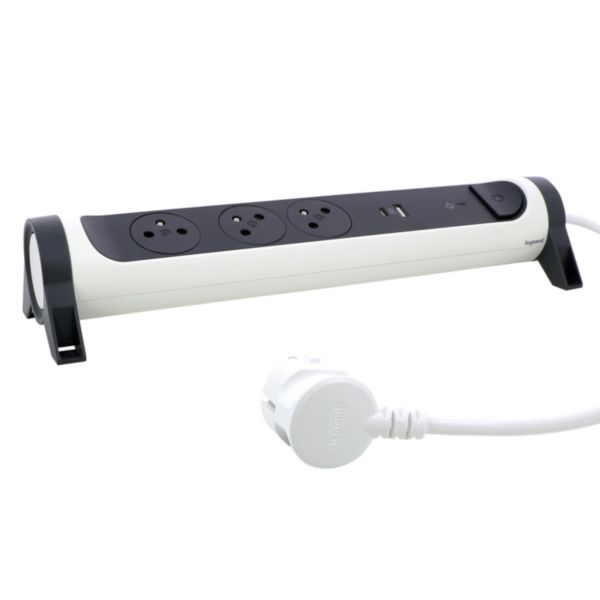 Rallonge multiprise avec bloc rotatif de 3 prises 2P+T Surface , interrupteur , parafoudre , USB Type-A + Type-C - blanc et gris foncé