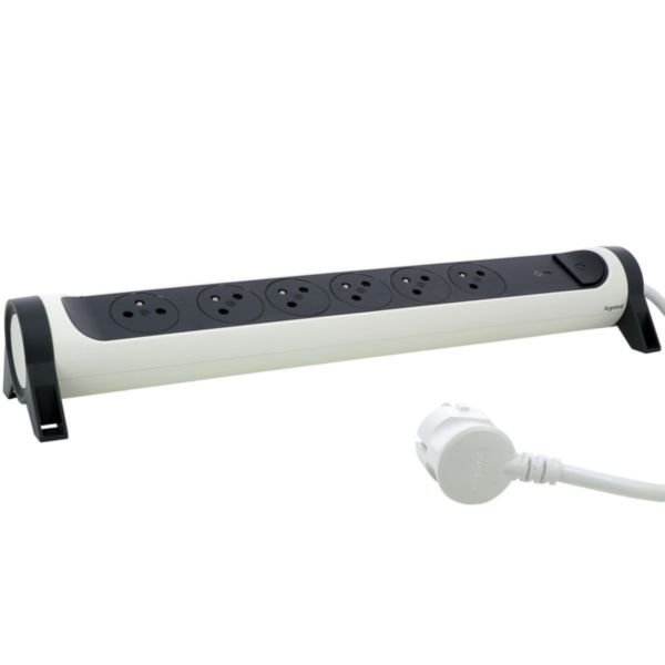 Rallonge multiprise avec bloc rotatif de 6 prises 2P+T Surface , interrupteur , parafoudre et cordon longueur 1,5m - blanc / gris foncé