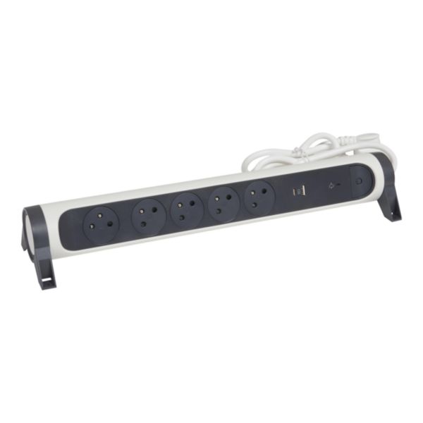 Rallonge multiprise avec bloc rotatif de 5 prises 2P+T Surface , interrupteur , parafoudre , USB Type-A + Type-C - blanc et gris foncé