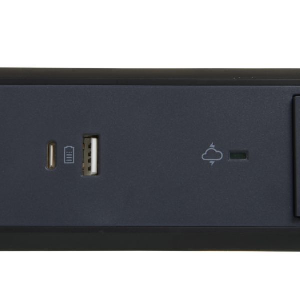 Rallonge multiprise avec bloc rotatif de 3 prises 2P+T Surface , interrupteur , parafoudre , USB Type-A + Type-C - noir et gris foncé