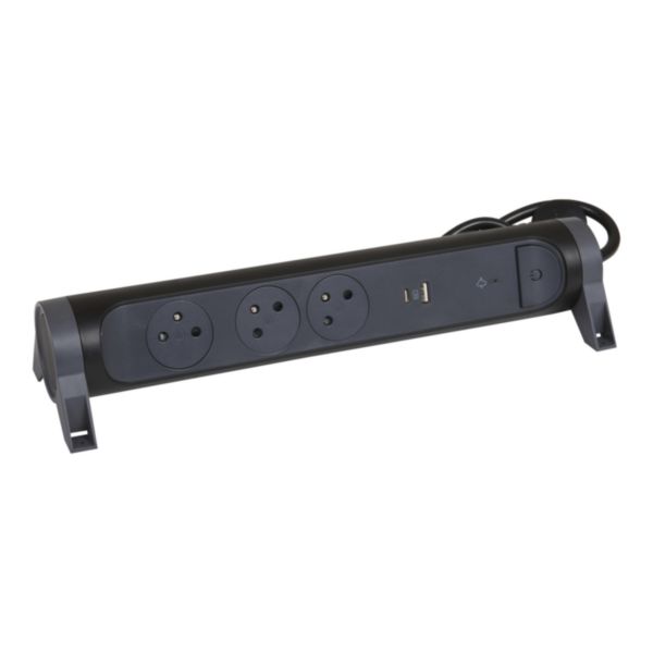 Rallonge multiprise rotative avec 3 prises Surface , interrupteur , parafoudre , USB Type-A+ Type-C et cordon 1,5m - noir / gris foncé