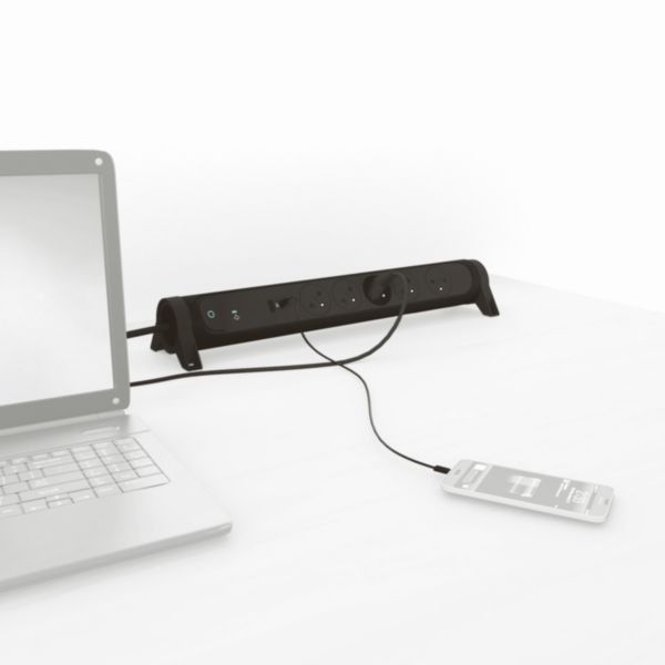 Rallonge multiprise avec bloc rotatif de 5 prises 2P+T Surface , interrupteur , parafoudre , USB Type-A + Type-C - noir et gris foncé