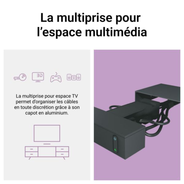 Rallonge multiprise pour espace TV avec 4 prises avec terre , 4 prises sans terre , parafoudre , interrupteur et cordon 2m - noir