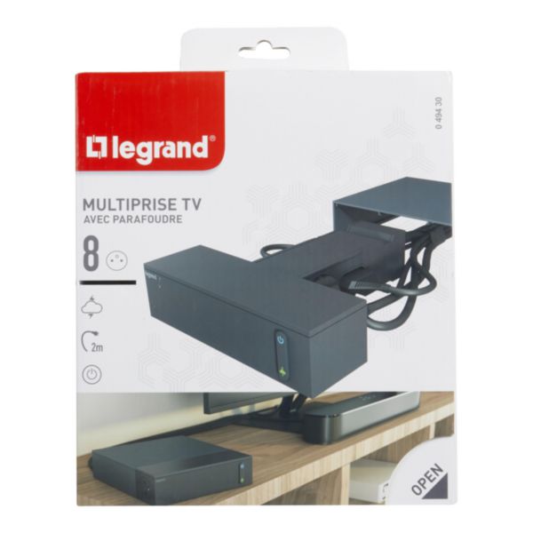 Rallonge multiprise pour espace TV 4 prises 2P+T , 4 prises 2P 16A 230V , interrupteur , parafoudre et cordon longueur 2m - noir