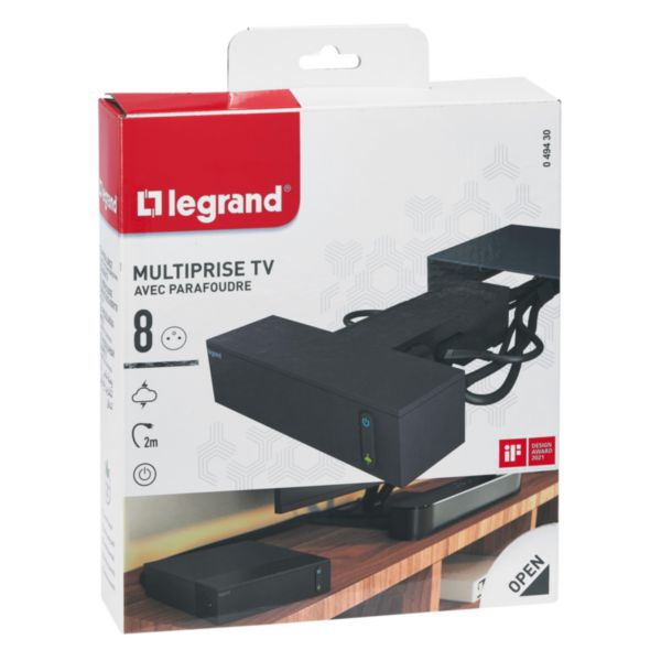 Rallonge multiprise pour espace TV 4 prises 2P+T , 4 prises 2P 16A 230V , interrupteur , parafoudre et cordon longueur 2m - noir