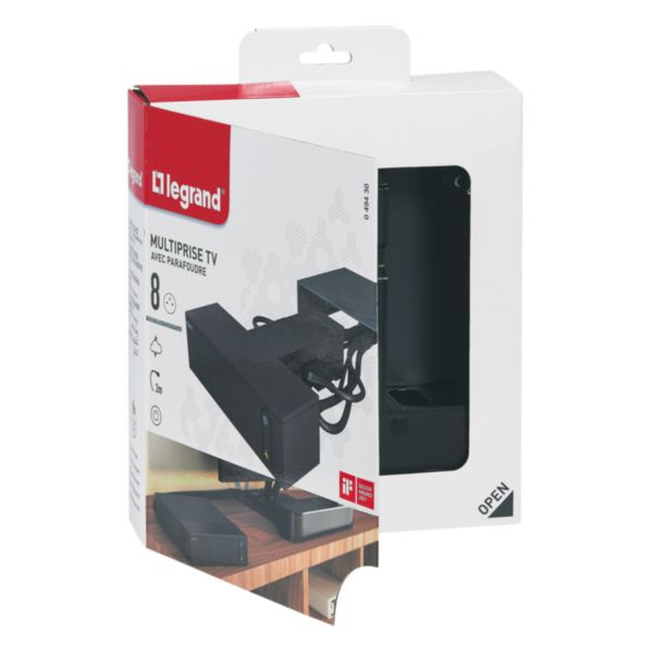 Rallonge multiprise pour espace TV 4 prises 2P+T , 4 prises 2P 16A 230V , interrupteur , parafoudre et cordon longueur 2m - noir