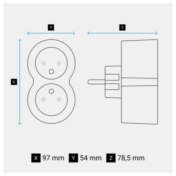 Fiche biplite avec 2 prises 2P+T frontales 16A 3680W - blanc et gris clair