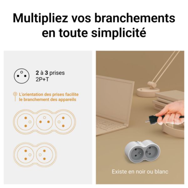 Fiche biplite avec 2 prises 2P+T frontales 16A 3680W - blanc et gris clair