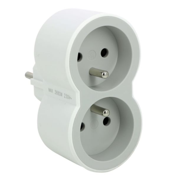 Fiche biplite avec 2 prises frontales avec terre 16A 3680W - blanc et gris clair