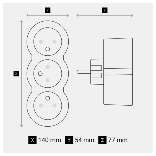 Fiche triplite avec 3 prises 2P+T frontales 16A 3680W - noir et gris foncé